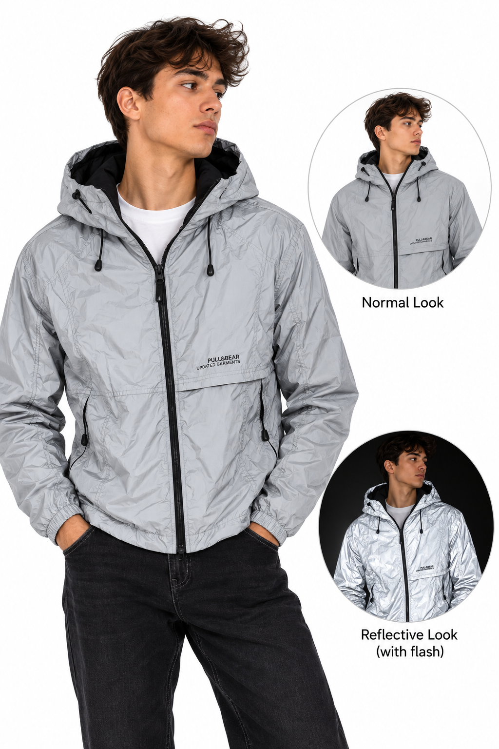 Men’s Silver Reflective Hooded Zip-Up Jacket