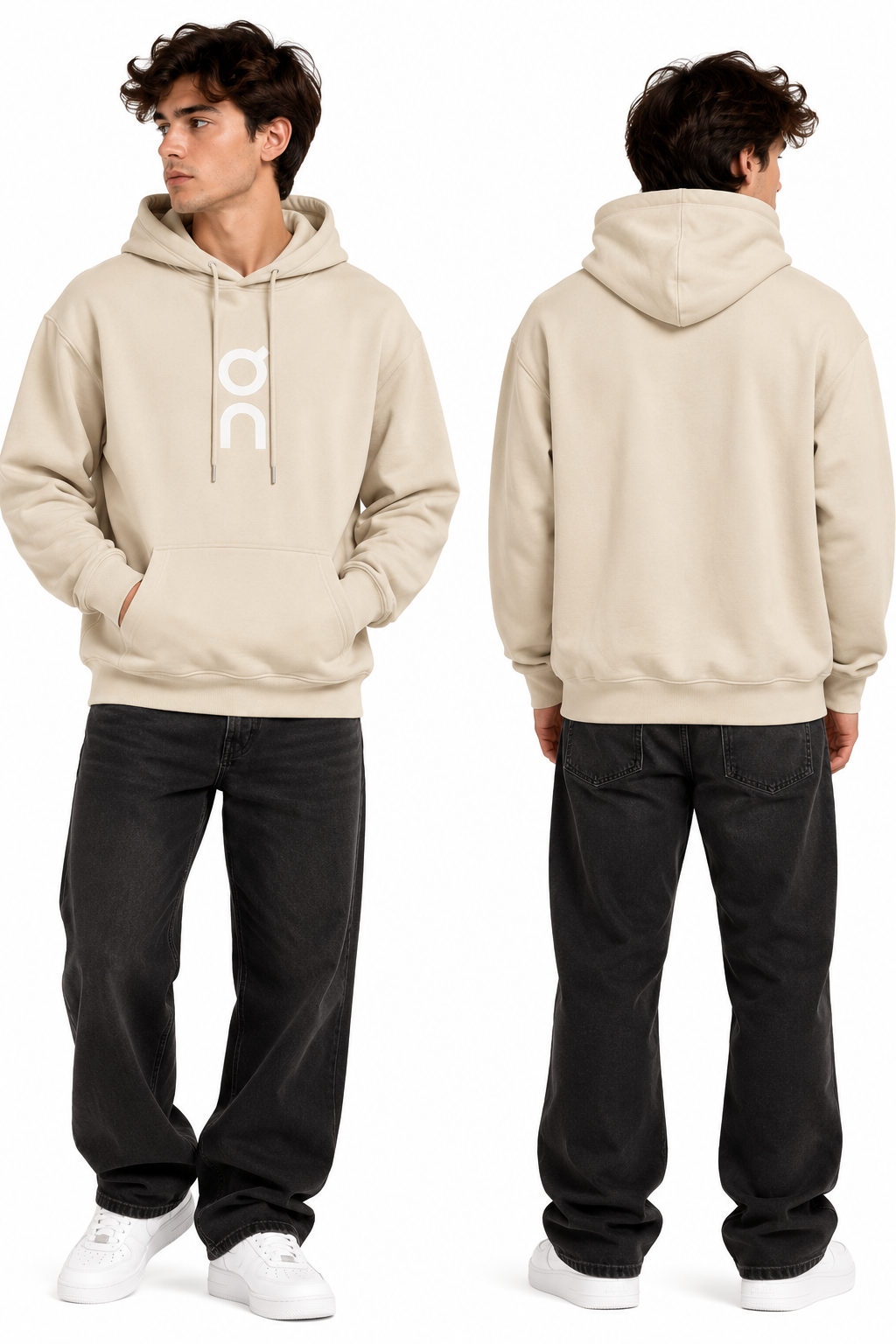 Beige logo pullover hoodie, front and back views