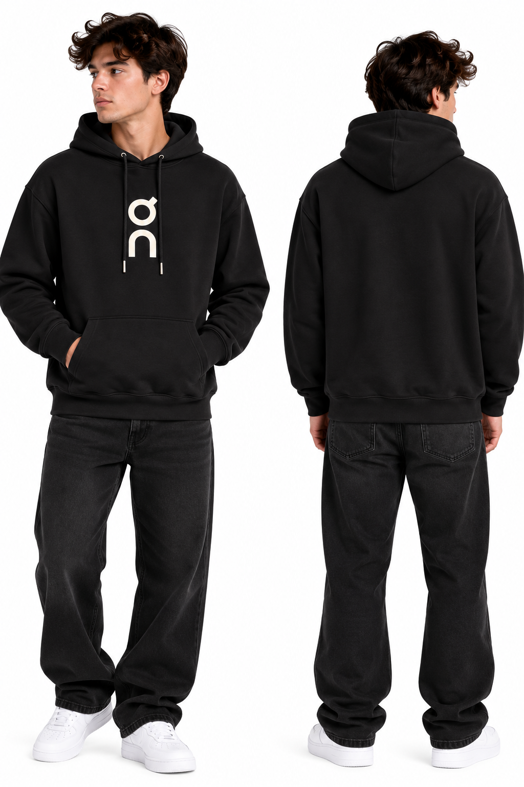 Black logo pullover hoodie, front and back views