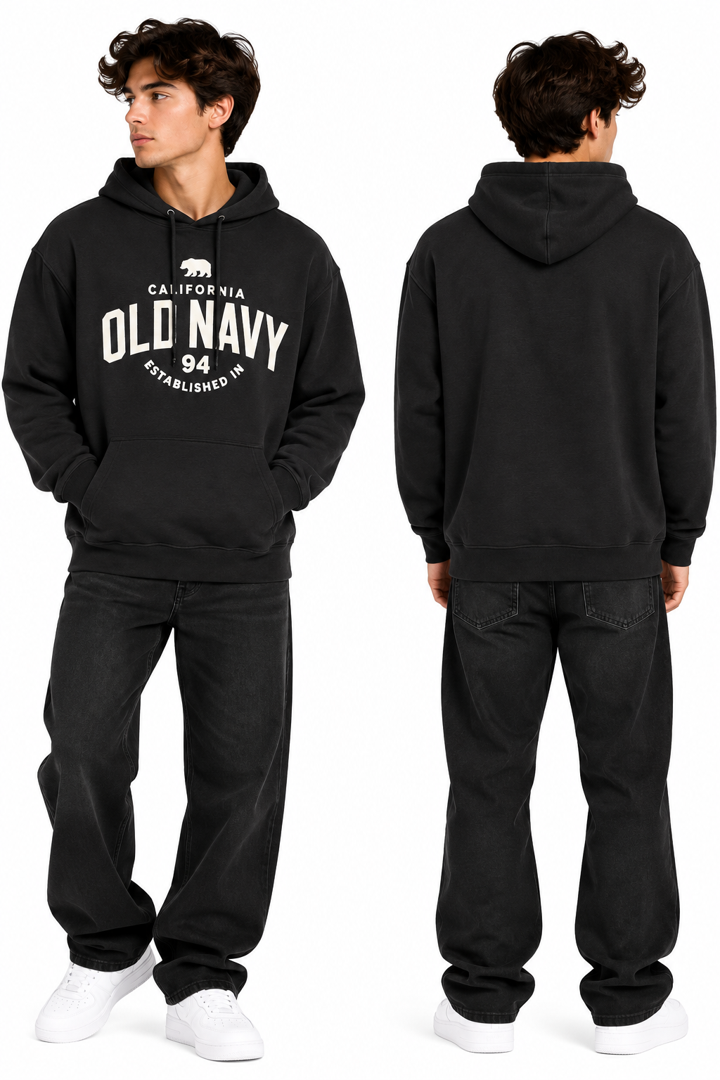 Black California 94 graphic hoodie, front and back model views