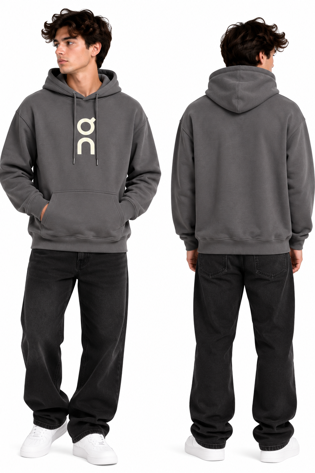 Charcoal logo pullover hoodie, front and back views