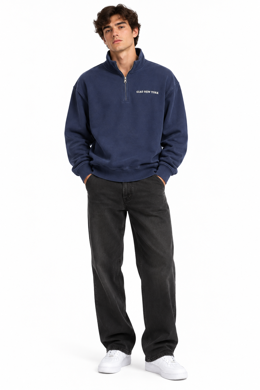 Male model wearing a navy Ciao New York quarter-zip sweatshirt