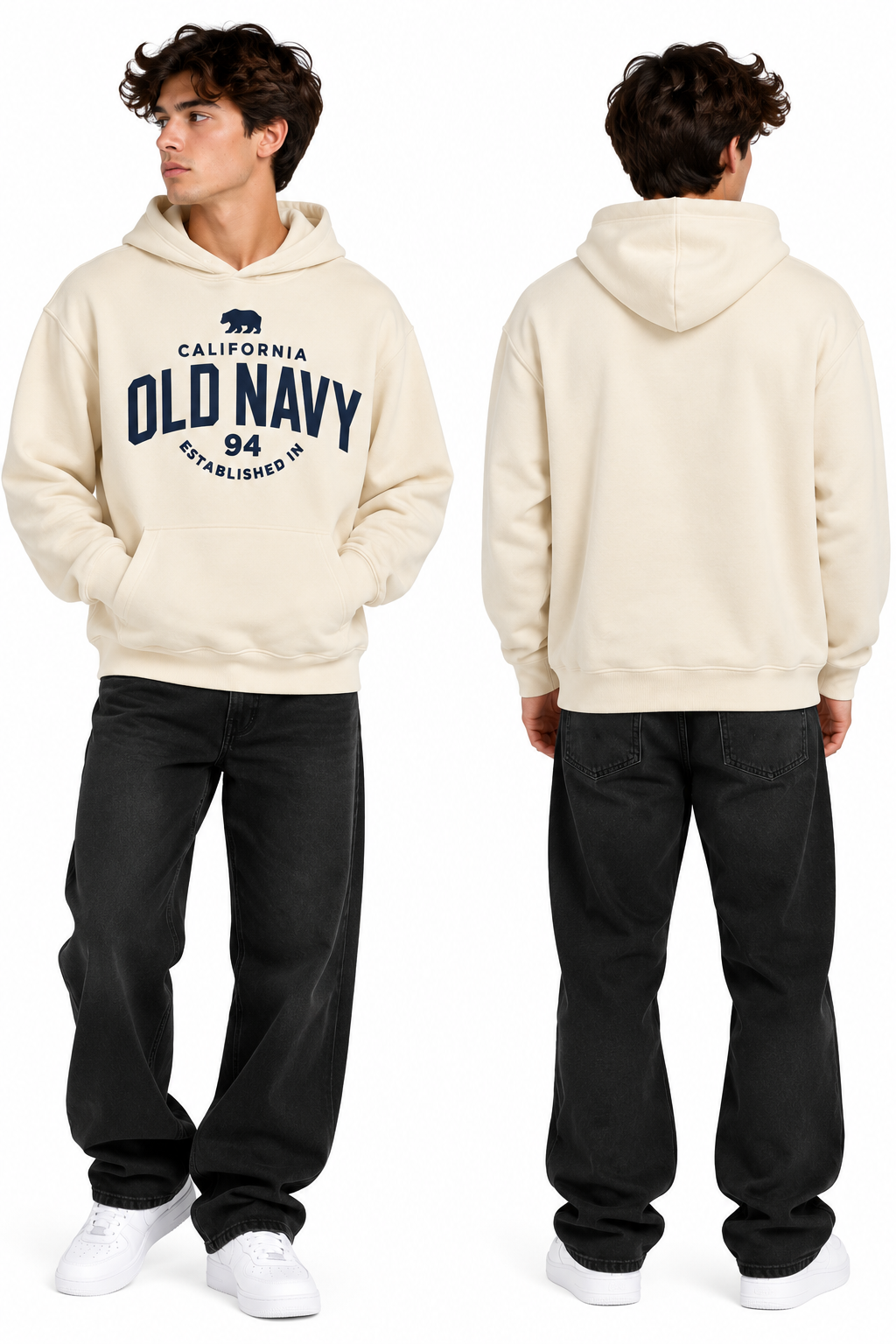 Cream California 94 graphic hoodie, front and back model views