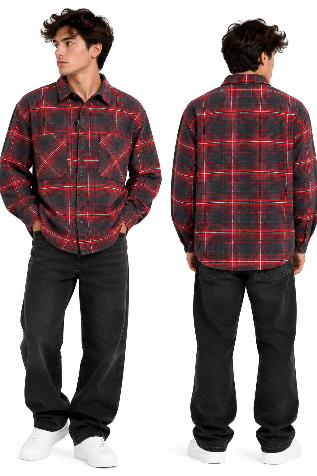 Red and charcoal plaid overshirt worn open, front and back views