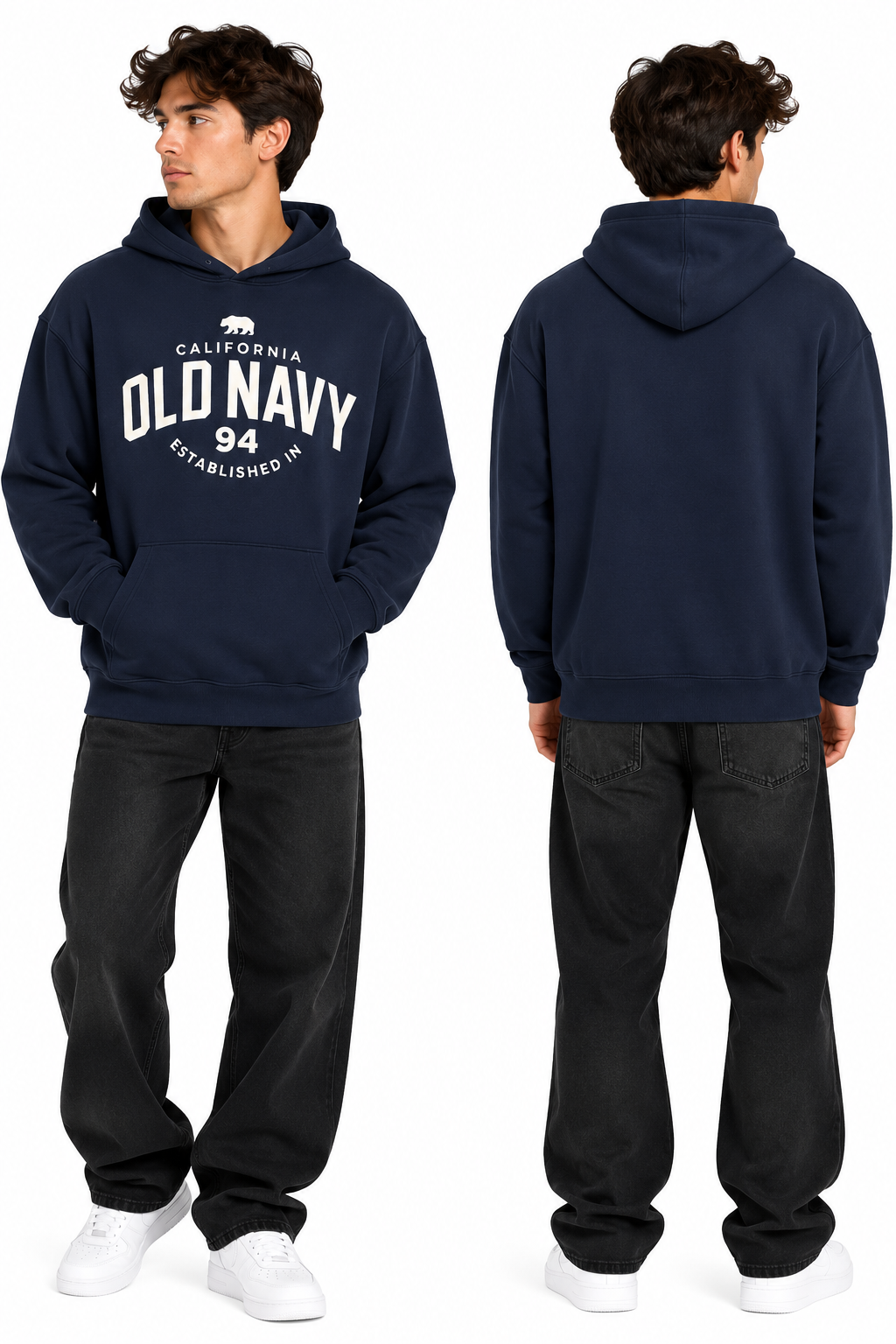 Navy California 94 graphic hoodie, front and back model views