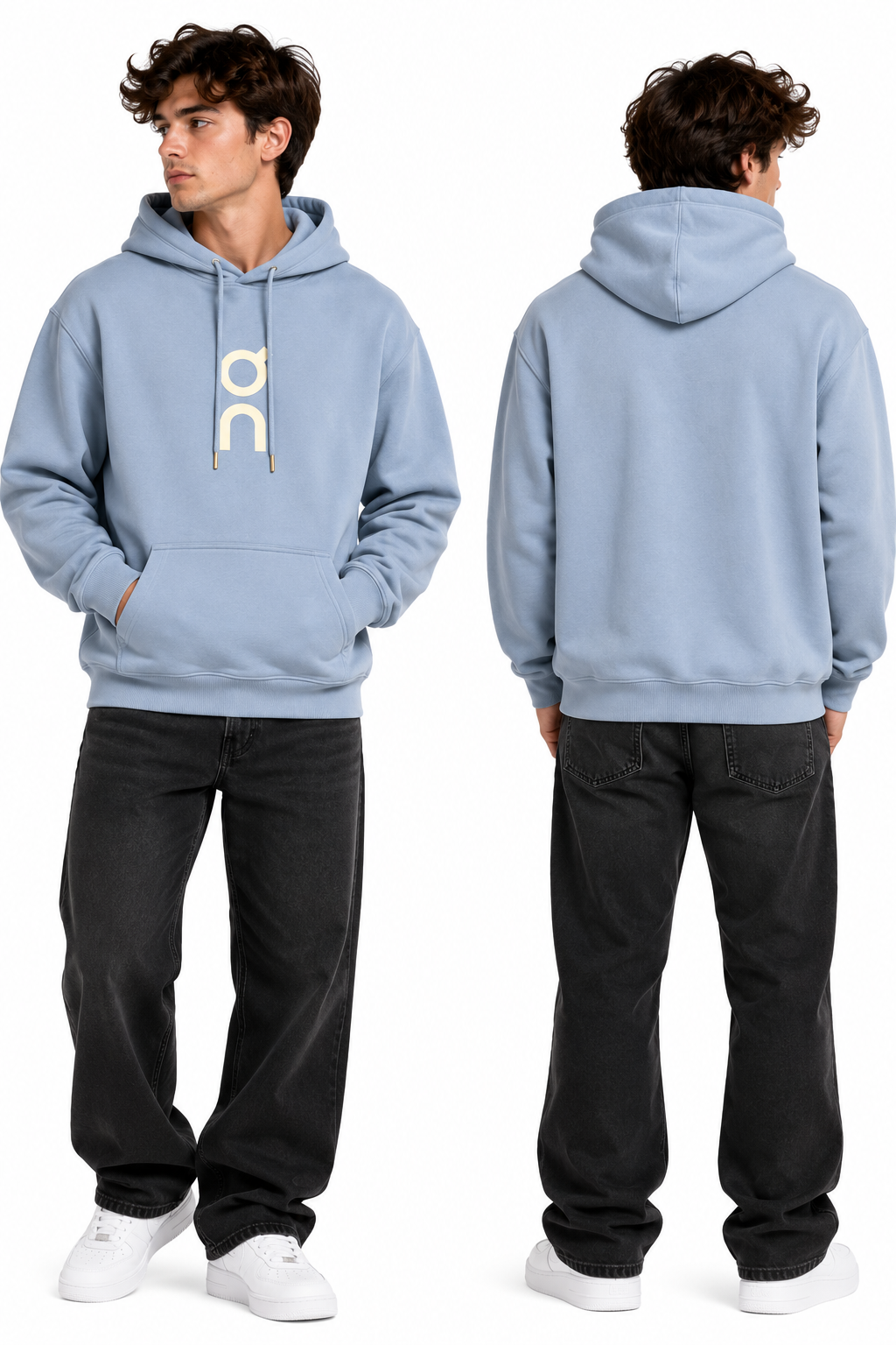 Pastel blue logo pullover hoodie, front and back views