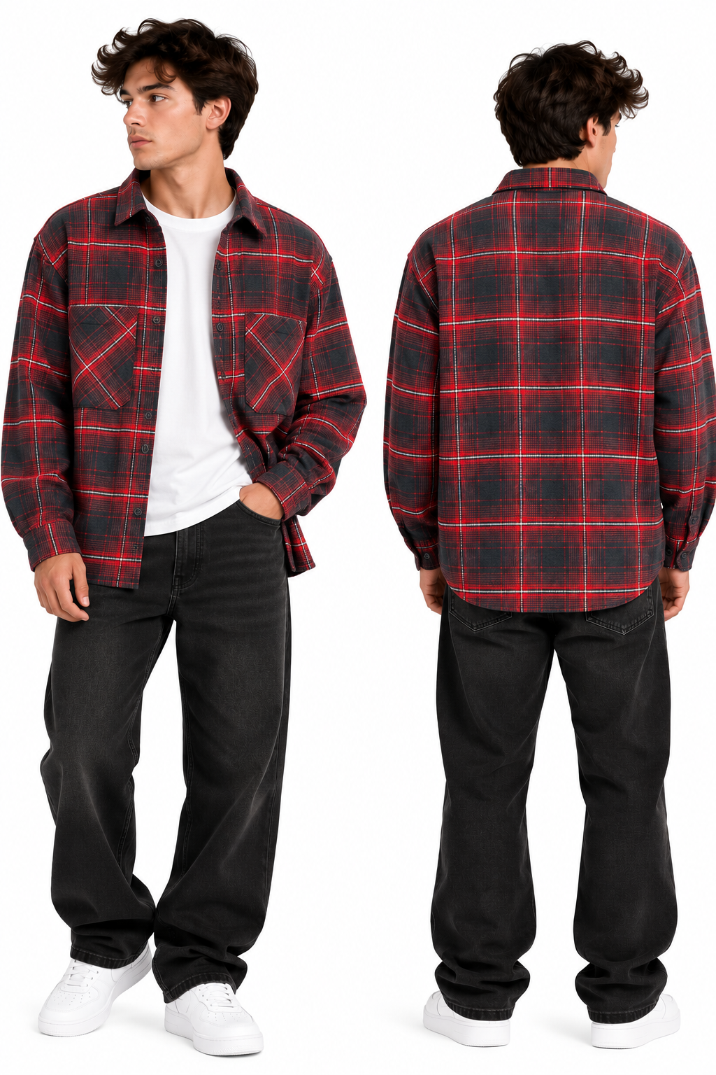 Red and charcoal plaid shirt buttoned up, front and back views