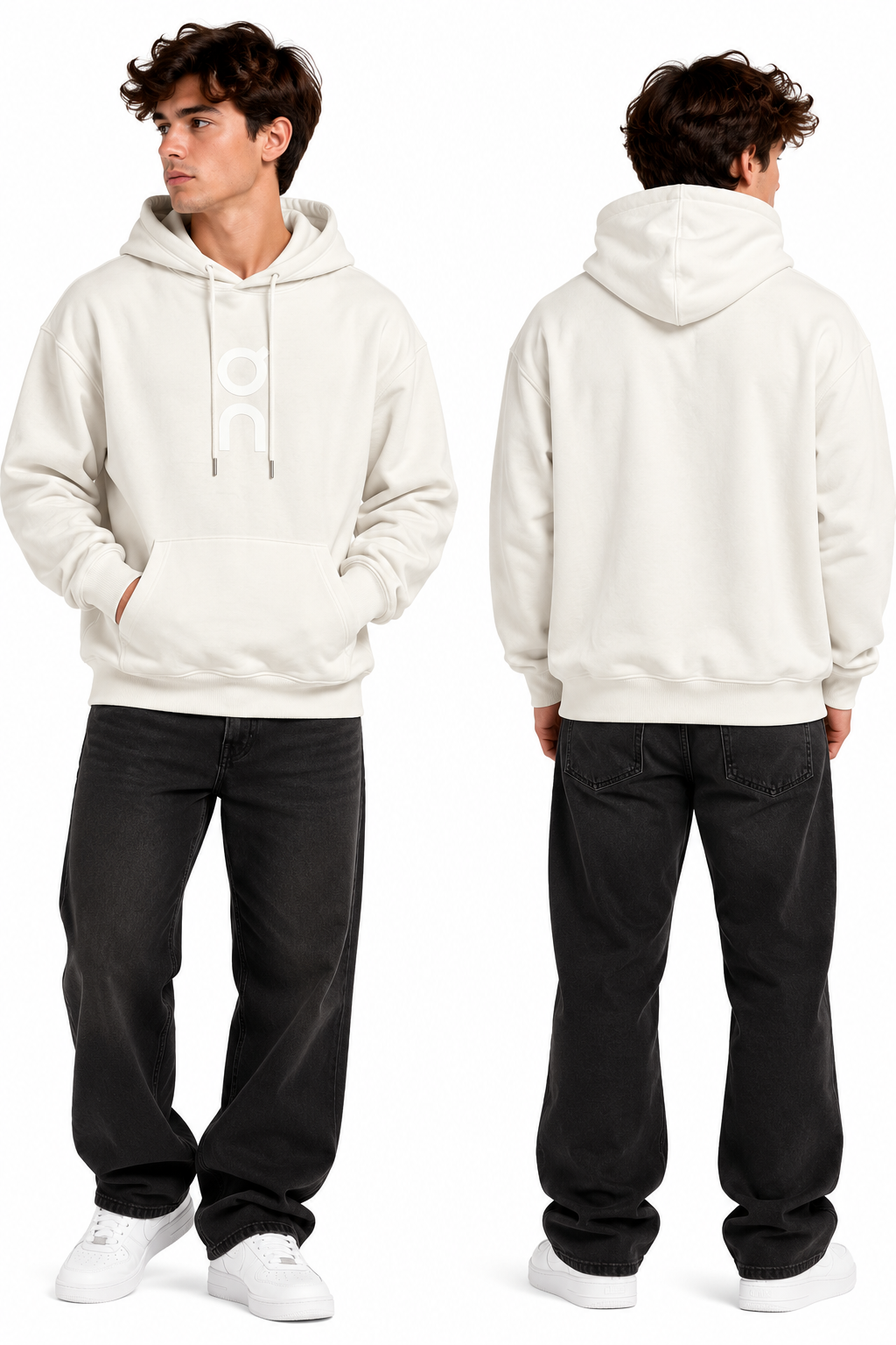 Off-white logo pullover hoodie, front and back views