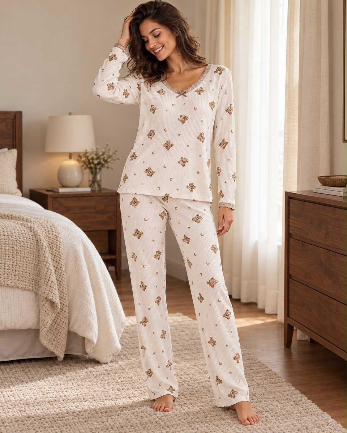 Woman wearing blush pink teddy bear print V-neck pyjamas with decorative neckline trim