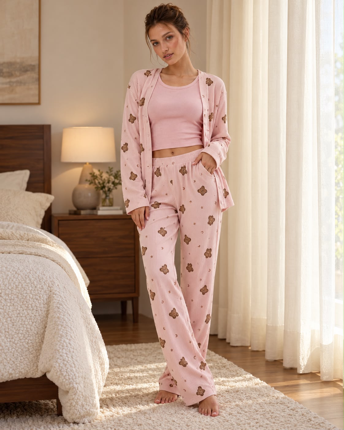 Woman wearing a cream teddy bear print lounge outfit with matching trousers and a brown sleeveless top