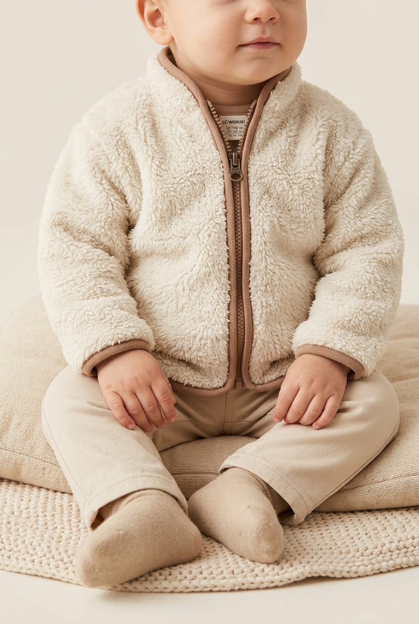 AI-generated three-quarter infant model view of cream zip-up jacket