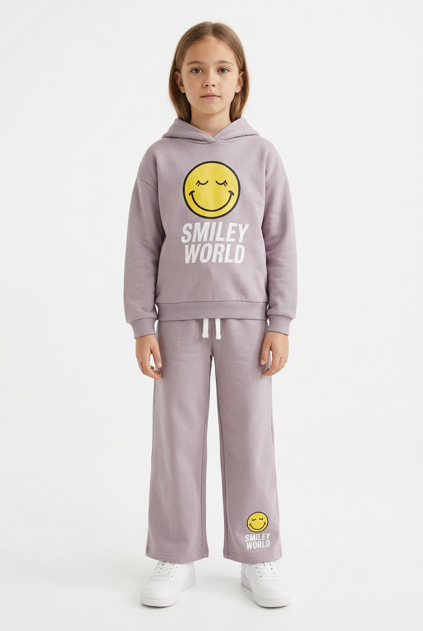 AI-generated girl wearing mauve-grey yellow smiley set
