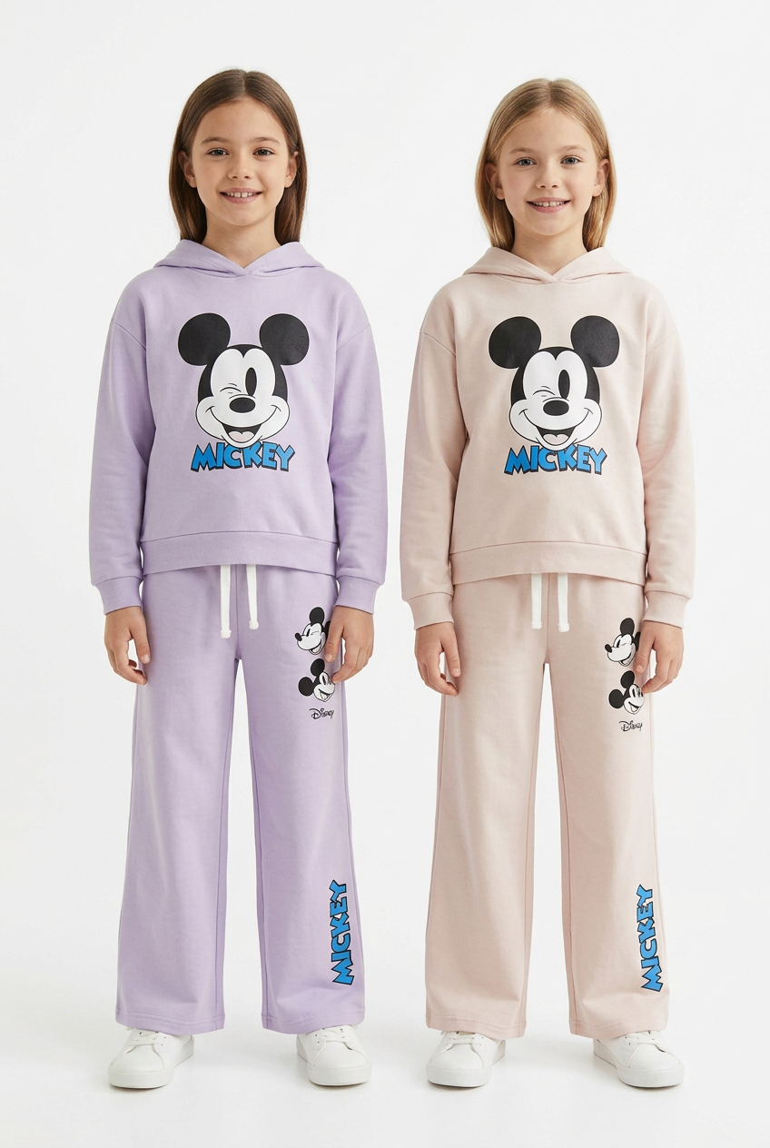 AI-generated two girls wearing lavender and blush-beige Mickey sets side by side