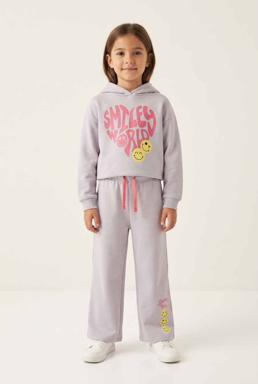 AI-generated kid model wearing light grey smiley graphic hoodie and matching trousers