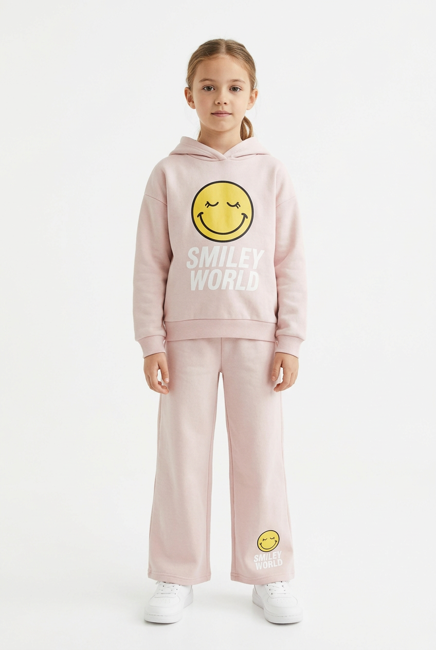 AI-generated girl wearing blush-beige yellow smiley set