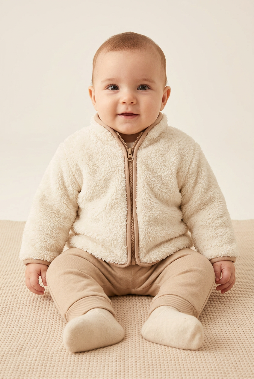 AI-generated infant model wearing a cream plush jacket with beige trim