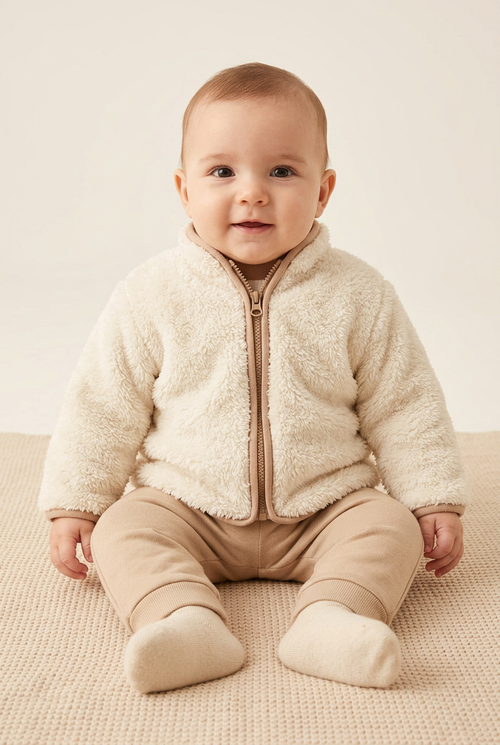 AI-generated infant model wearing a cream plush jacket with beige trim