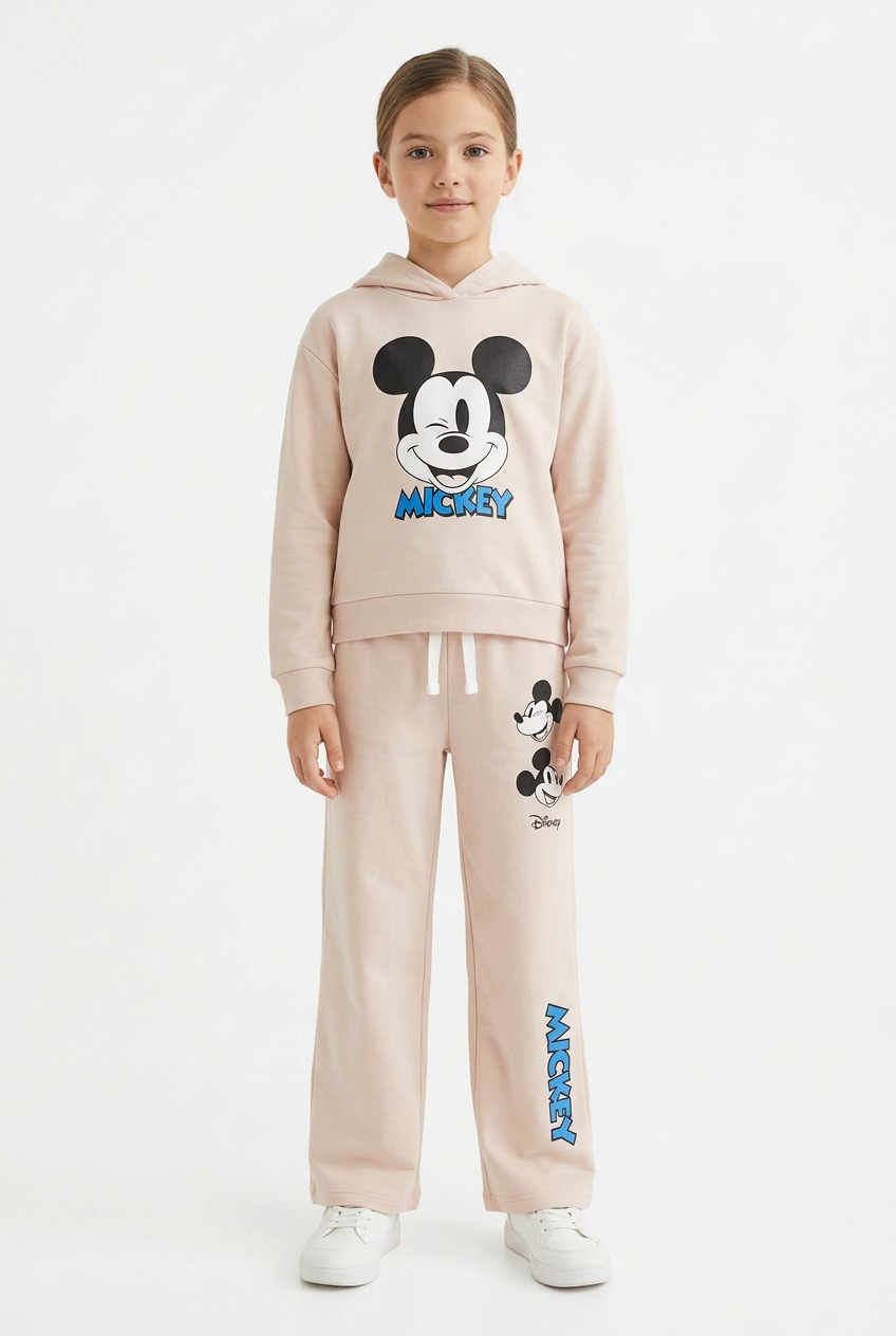 AI-generated girl wearing blush-beige Mickey hoodie and trouser set