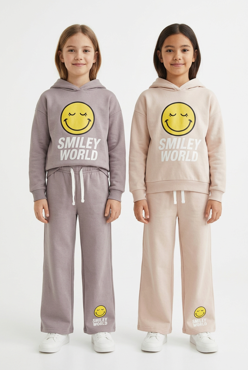 AI-generated two girls wearing yellow smiley hoodie and trouser sets side by side