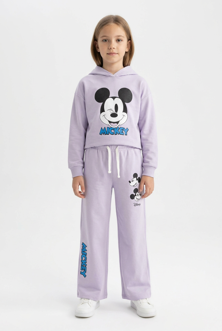 AI-generated girl wearing lavender Mickey hoodie and trouser set
