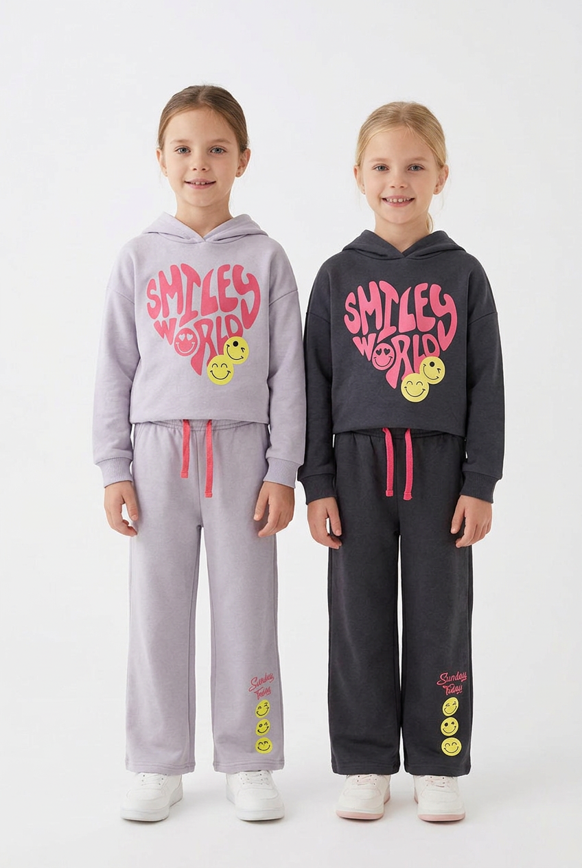 Two girls side by side in the light-grey and charcoal smiley sets, styled like the reference photo