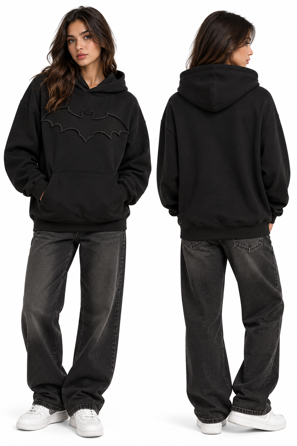 Model wearing a black oversized hoodie with bat applique, front and back views