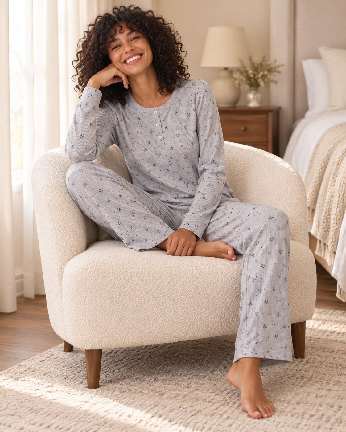 Women's baby blue floral button-front pyjama set on model